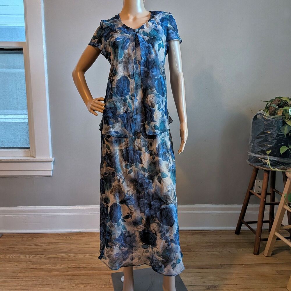 Vintage 90s Miss Dorby Blue Floral Watercolor Maxi Dress Fairy Grunge Size 8